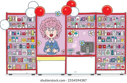 Cosmetics salesgirl behind a counter of a stall in a shop, vector cartoon illustration on a white background