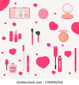 Cosmetics scattered on a light background. Background for beauty salon.