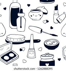 Cosmetics seamless pattern black and white. Hand drawn makeup backdrop. Vector illustration in doodle style. Included elements; mascara, eye shadow, nail Polish, comb, cream, lipstick.