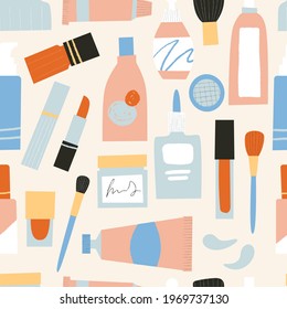 Cosmetics seamless pattern. Containers and tubes for make up. Lipstick, face cleanser, mascara, nail polish, brushes in cute hand drawn textured packages. Organic eco beauty products.
