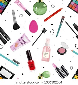 Cosmetics seamless pattern. Illustrations of different cosmetics. Nail polish, mascara, lipstick, eye shadows, brush, powder, lip gloss, hand cream, cosmetics bottles vector background.