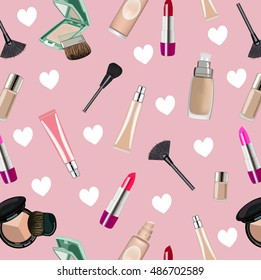 Cosmetics seamless pattern. Nail polish, mascara, lipstick, eye shadows, brush, powder, lip gloss, hearts. Pink background