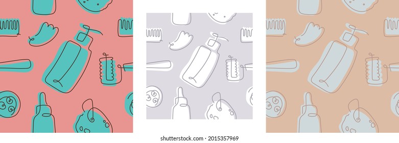 Cosmetics seamless pattern. Self care and body care linear icons. Vector cosmetic ornament. Fabric background. Outline illustration of sponge, cream, makeup, scrub, soap, bottle. Natural tone hue.