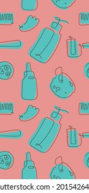 Cosmetics seamless pattern. Self care and body care linear icons. Vector cosmetic ornament. Fabric background. Outline illustration of sponge, cream, makeup, scrub, soap, bottle. Natural tone hue.
