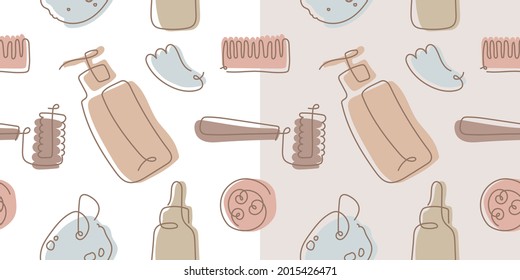 Cosmetics seamless pattern. Self care and body care linear icons. Vector cosmetic ornament. Fabric background. Outline illustration of sponge, cream, makeup, scrub, soap, bottle. Natural tone hue.