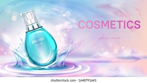 Cosmetics serum bottle on splashing water surface with circles on pink cloudy sky background. Glass pump tube, skincare product package promo banner. Cosmetics product Realistic 3d vector illustration