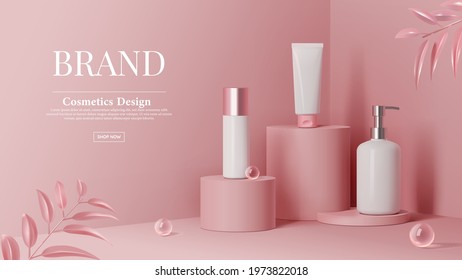 Cosmetics set ads with ball glass on pink cylinder podium stage and leaves in 3d illustration