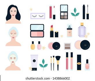 Cosmetics set. Collection of makeup brush and lipstick, foundation and eyeshadow. Woman with different facial mask on skin. Isolated vector illustration in cartoon style