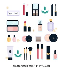 Cosmetics set. Collection of makeup brush and lipstick, foundation and eyeshadow. Isolated vector illustration in cartoon style