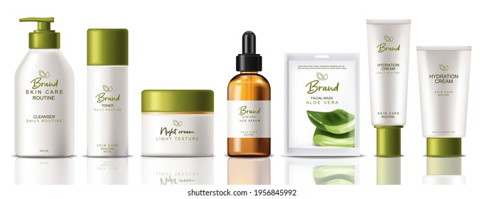 Cosmetics set collection products Vector realistic. Product placement mock up bottles. Packaging design label lotions 