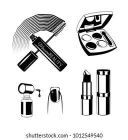 Cosmetics set drawing by hand. Nail polish, mascara, lipstick, eye shadows. Concept for beauty salon or business. Vector file
