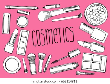 Cosmetics set drawing by hand. Nail polish, mascara, lipstick, eye shadows, brush, powder, handwritten lettering. Concept for beauty saloon or business.