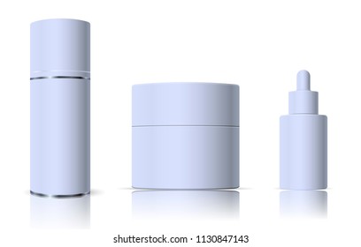 Cosmetics set with dropper, cream jar and spray can. Modern design Vector illustration. Quality bottles ready for your design.