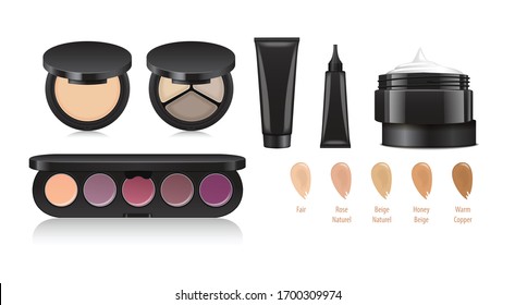 Cosmetics set. Eye, lips, face makeup. Eyeshadow, eyeliner, creme, face powder, concealer. Vector mock up products. Universal templates for branding and advertising. For your design