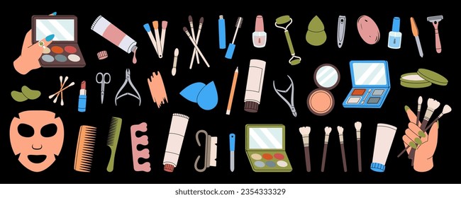 Cosmetics set. Face makeup tools. Makeup and beauty tools. Mascara, lipstick, eyeshadows, brushes, concealer, lip gloss, sponge. Vector illustration