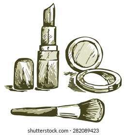Cosmetics set, for fashion design. Shades of green and yellow. Doodle style