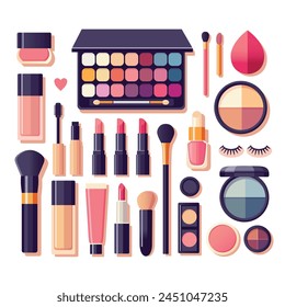 Cosmetics set in flat illustration style. Lipstick, eye shadow, blush, mascara, etc. (25 items) Beauty, fashion, glamour