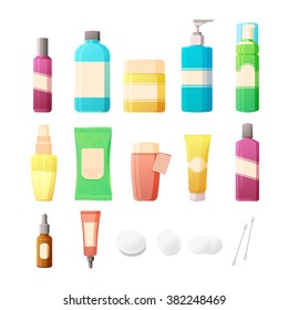Cosmetics Set in flat style. Bottles of cosmetics and accessories for skin care. Lotions, creams, tonics and pads for care of a woman's face. Vector.