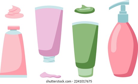 Cosmetics set of four hand cream bottles and tubes with cream splash flat style isolated on white 