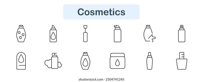 Cosmetics set icon. Bottle, lotion, mascara, cream, spray, pump, container, shampoo, makeup, skincare, beauty, hygiene, grooming, cosmetic, health, treatment, personal, wellness, care.