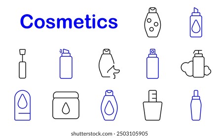 Icono de conjunto de cosméticos. Botella, spray, champú, bomba, tarro, crema de manos, esmalte de uñas, loción, cuidado de la piel, belleza, higiene, líquido, aseo, jabón, hidratante, fragancia, cuidado personal, bienestar.