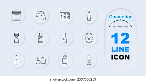 Icono de conjunto de cosméticos. Tarro de la crema, rímel, caja del lápiz labial, cepillo del maquillaje, botella del perfume, máscara facial, palillo del desodorante, bomba de la loción. Productos esenciales de belleza, herramientas para el cuidado de la piel, accesorios de maquillaje.