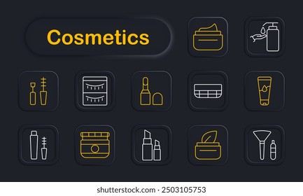 Cosmetics set icon. Cream, lotion, lipstick, eyeliner, serum, beauty, skincare, makeup, cosmetic, moisturizer, hygiene, face, self-care, mascara.