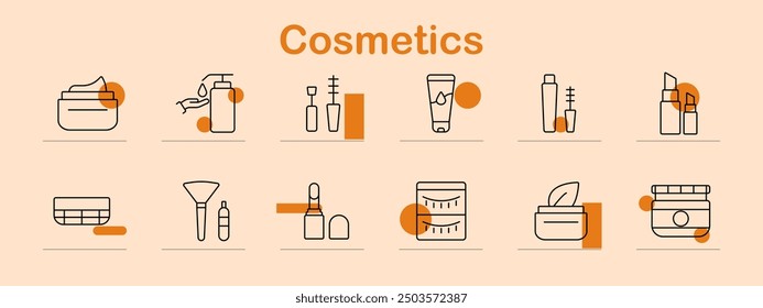 Icono de conjunto de cosméticos. Crema, loción, cepillo de maquillaje, lápiz labial, sombra de ojos, rímel, base, cuidado de la piel, productos de belleza, cuidado personal, higiene, cuidado personal, aseo, cosméticos, rutina diaria, cuidado facial