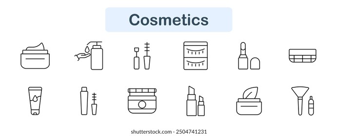 Cosmetics set icon. Cream, lotion, mascara, face, container, lipstick, skincare, makeup, grooming, beauty, hygiene, health, cosmetic, wellness, treatment, personal, spray, pamper, care, brush.