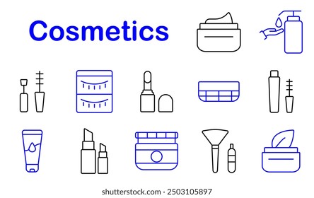 Cosmetics set icon. Cream, mascara, eyelash, brush, serum, makeup, skincare, beauty, hygiene, grooming, lotion, wellness, liquid, facial, fragrance, personal care, moisturizer, cosmetics.