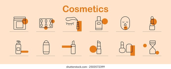 Cosmetics set icon. Cream, pills, mascara, perfume, mask, lipstick, lotion, deodorant, skincare, beauty, hygiene, selfcare, grooming, makeup, wellness, facial care.