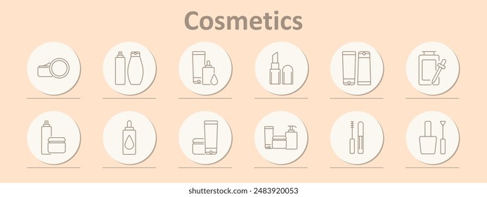 Cosmetics set icon. Cream, shampoo, lotion, lipstick, serum, dropper, spray, oil, container, mascara, nail polish, beauty.