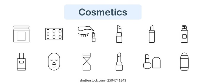 Cosmetics set icon. Jar, pills, eyebrow, lipstick, spray, lotion, face, cream, mascara, bottle, skincare, makeup, grooming, beauty, hygiene, health, cosmetic, wellness, treatment, personal.