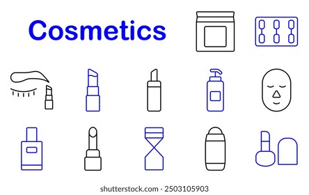 Icono de conjunto de cosméticos. Lápiz labial, mascarilla, esmalte de uñas, loción, compacto, cuidado de la piel, belleza, maquillaje, fragancia, cuidado personal, higiene, aseo, labios, facial, bienestar, cosméticos, líquido, herramientas.