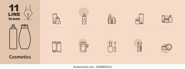 Symbol für Kosmetiksatz. Lotionsflasche, Shampoo, Serum, Cremeglas, Nagellack, Lippenbalsam, Make-up-Pinsel, Tropfer, Kosmetikbehälter, Tube, Sprühflasche. Schönheit und Körperpflege