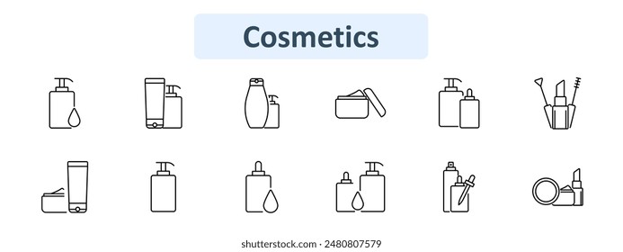 Cosmetics set icon. Lotion bottles, shampoo, cream jar, makeup brushes, mascara, lip gloss, cosmetic tube, dropper bottle, spray, compact powder. Beauty, skincare, makeup products, personal care