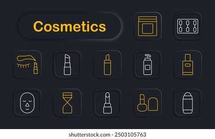 Cosmetics set icon. Mascara, lipstick, eye shadow, perfume, moisturizer, face mask, beauty, makeup, skincare, cosmetic, lip balm, hygiene, personal care.