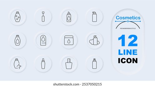 Ícone do conjunto de cosméticos. Garrafa de xampu, esmalte de unha, frasco de spray, recipiente líquido, frasco com creme, dispensador de espuma. Produtos de cuidados com a pele, artigos de beleza, recipientes de higiene.