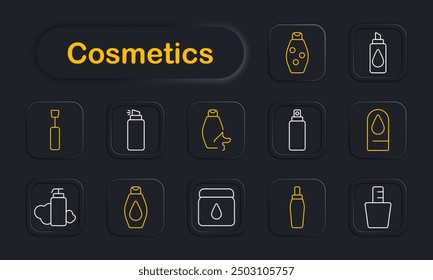 Icono de conjunto de cosméticos. Champú, loción, spray, crema, mascarilla, esmalte de uñas, maquillaje, cuidado de la piel, belleza, higiene, botella, embalaje, cuidado personal.