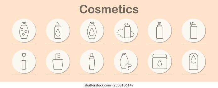 Cosmetics set icon. Shampoo, lotion, perfume, nail polish, soap, conditioner, serum, skincare, wellness, beauty, hygiene, self-care, grooming, cosmetics, product, hair, body, health