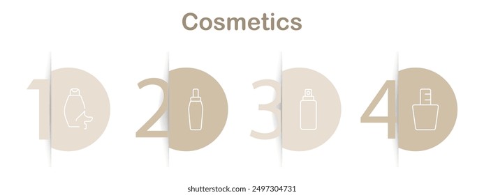 Cosmetics set icon. Shampoo, serum bottle, spray bottle, foundation, skincare, hygiene, personal care, beauty products, cleansing, moisturizer, cosmetic packaging, self-care, health, spa