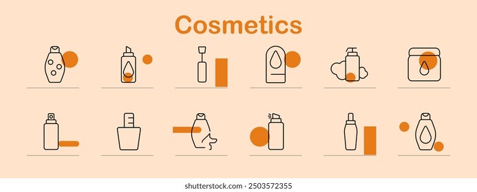 Cosmetics set icon. Shampoo, spray, lotion, cream, skincare, beauty, hygiene, personal care, self-care, grooming, facial, cosmetic, beauty products, wellness, essentials, daily routine, moisturizing