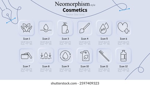 Cosmetics set icon. Skincare hands, hydration drop, soap dispenser, brush, pH balance, health heart, cream jar, moisture absorption, liquid cycle, organic tag, hairbrush, cosmetic bottle.