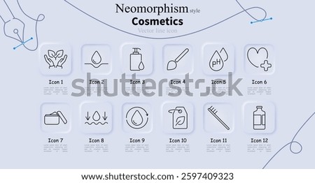 Cosmetics set icon. Skincare hands, hydration drop, soap dispenser, brush, pH balance, health heart, cream jar, moisture absorption, liquid cycle, organic tag, hairbrush, cosmetic bottle.