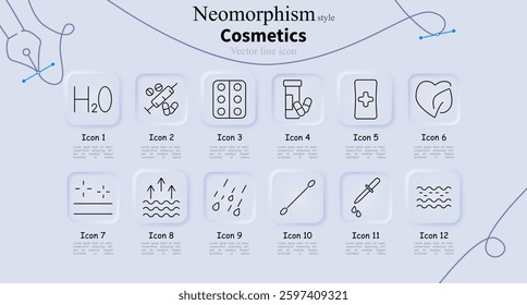 Cosmetics set icon. Water formula, syringe, pills, capsules, medical patch, eco health, skin cleansing, hydration, rain effect, cotton swab, dropper, skincare layers.