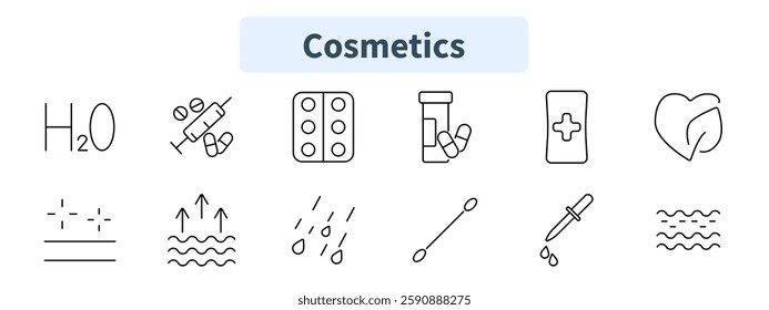 Cosmetics set icon. Water molecule, injection, pills, supplement bottle, medical file, natural skincare, hydration, skincare routine, dropper, cotton swab, serum, water texture.