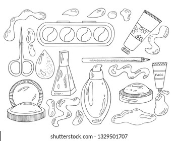Cosmetics set isolated. Beauty tools collection on white background. Hand drawn sketch cosmetic products.