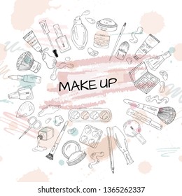 Cosmetics set isolated. Beauty tools collection on white background. Hand drawn sketch cosmetic products. Line art make up tools clip art.