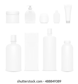 Cosmetics Set Isolated. Plastic Cosmetic Bottles And Tubes. Cosmetic Beauty Product. Shampoo Bottle Template. Cosmetic Branding Product. EPS10 Vector