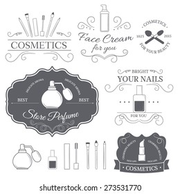 cosmetics set label template of emblem element for your product or design, web and mobile applications with text. Vector illustration with thin lines isolated icons on stamp symbol.  svg